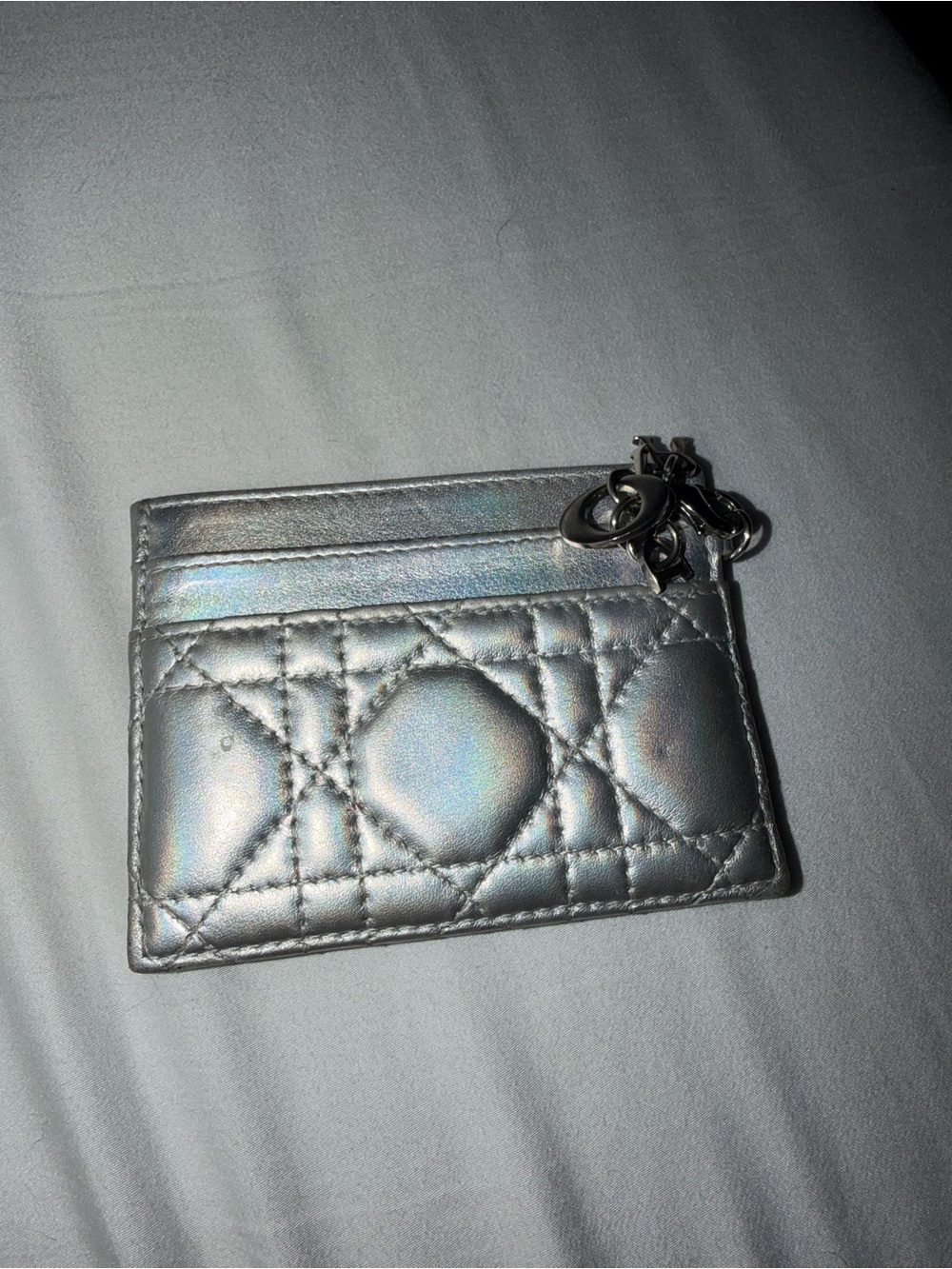 Dior Iridescent Silver Quilted Card Holder with Keyring Charm